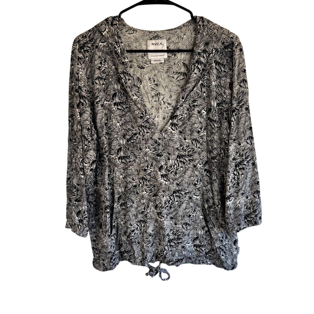 RVCA Womens Size L Black White Palm Print Tropical V Neck Hoodie Top